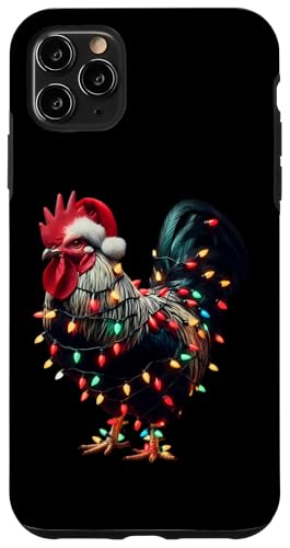 Hülle für iPhone 11 Pro Max Hahn mit Weihnachtsmütze und Weihnachtsbeleuchtung Hahn Französisch von Rooster With Santa Hat And Christmas Products