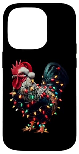 Hülle für iPhone 14 Pro Hahn mit Weihnachtsmütze und Weihnachtsbeleuchtung Hahn Französisch von Rooster With Santa Hat And Christmas Products