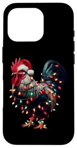 Hülle für iPhone 16 Pro Hahn mit Weihnachtsmütze und Weihnachtsbeleuchtung Hahn Französisch von Rooster With Santa Hat And Christmas Products