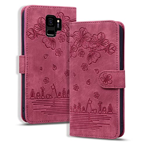 Rosbtib Handyhülle Samsung Galaxy S9, Premium PU Leder Schutzhülle Magnetic Closure Standfunktion Flip Cover Hülle für Galaxy S9 (2018 5.8") - Rot Katze von Rosbtib