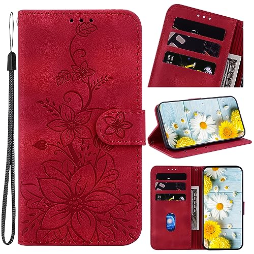 Rosbtib Handyhülle für Samsung Galaxy A15 5G Hülle Leder mit Kartenfächer Handytasche mit Standfunktion Magnetische Klapphülle für Galaxy A15 5G - Rot Lilien von Rosbtib