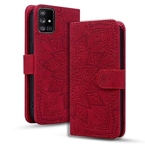 Rosbtib Handyhülle für Samsung Galaxy A51 4G Premium PU Leder Hülle mit Magnetic Closure Standfunktion Flip Cover Mandala Prägung Samsung Galaxy A51 4G - Rot von Rosbtib