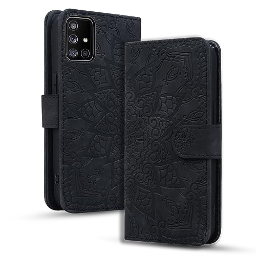 Rosbtib Handyhülle für Samsung Galaxy A51 4G Premium PU Leder Hülle mit Magnetic Closure Standfunktion Flip Cover Mandala Prägung Samsung Galaxy A51 4G - Schwarz von Rosbtib