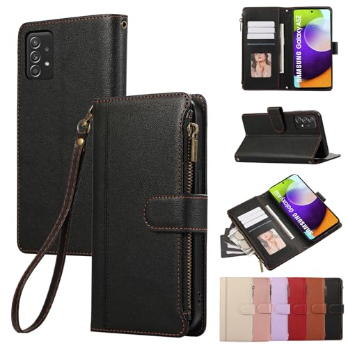 Rosbtib Handyhülle für Samsung Galaxy A52 4G/5G/A52S 5G Lederhülle Reißverschluss Magnetverschluss Brieftasche mit 4 Kartenfächern Standfuntion Retro Ledertasche Galaxy A52 4G/5G Hülle, Schwarz von Rosbtib