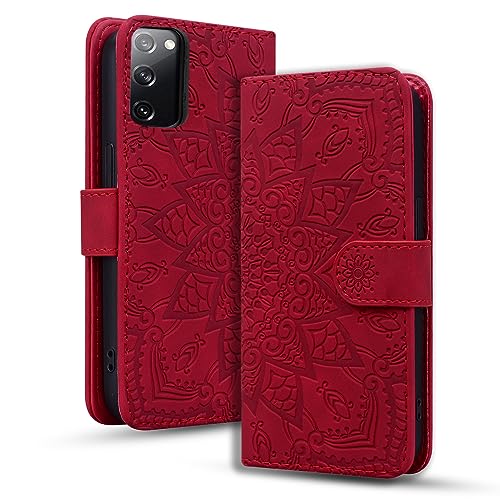 Rosbtib Handyhülle für Samsung Galaxy S20 FE 4G/ 5G Premium PU Leder Hülle mit Magnetic Closure Standfunktion Flip Cover Mandala Prägung Samsung Galaxy S20 FE 4G/ 5G - Rot von Rosbtib