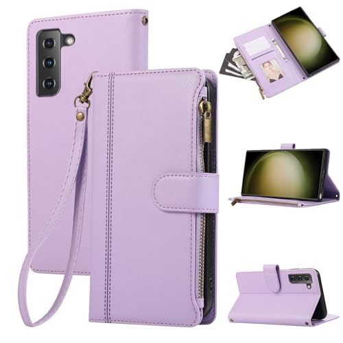 Rosbtib Handyhülle für Samsung Galaxy S21 FE 5G Lederhülle Reißverschluss Magnetverschluss Brieftasche mit 4 Kartenfächern Standfuntion Retro Ledertasche Galaxy S21 FE 5G Hülle, Lila von Rosbtib