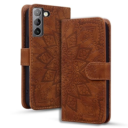 Rosbtib Handyhülle für Samsung Galaxy S21 FE 5G Premium PU Leder Hülle mit Magnetic Closure Standfunktion Flip Cover Mandala Prägung Samsung Galaxy S21 FE 5G - Braun von Rosbtib