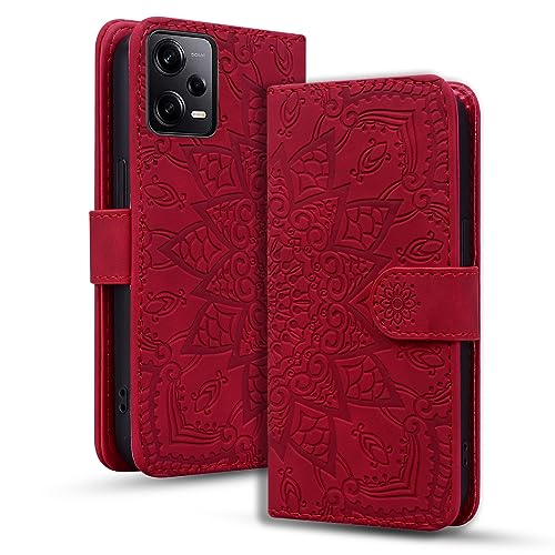 Rosbtib Handyhülle für Xiaomi Redmi Note 12 Pro 5G/ Poco X5 Pro 5G Premium PU Leder Hülle mit Magnetic Closure Standfunktion Flip Cover Mandala Prägung Redmi Note 12 Pro 5G/ Poco X5 Pro 5G - Rot von Rosbtib