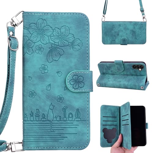 Rosbtib Handykette Hülle für Samsung Galaxy A54 5G PU Leder Flip Cover mit Band 6 Kartenfach Wallet Handyhülle Galaxy A54 Sakura Katze Prägemuster, Grün von Rosbtib