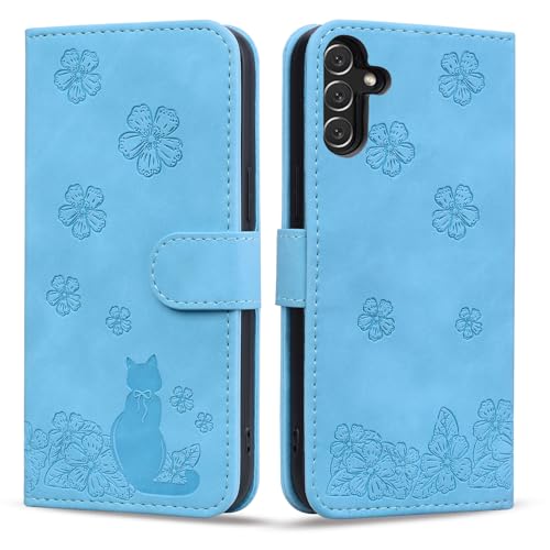 Rosbtib Hülle für Samsung Galaxy A25 5G Handyhülle Premium Leder Flip Wallet Schutzhülle mit Standfunktion Kartenfach Klapphülle für Galaxy A25 5G - Katze Rücken Kirschblüte Blau von Rosbtib