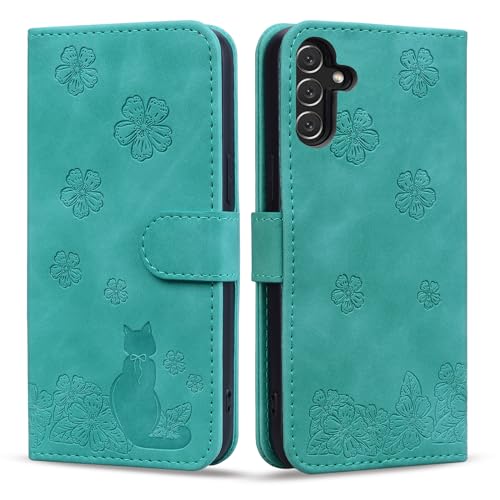 Rosbtib Hülle für Samsung Galaxy A25 5G Handyhülle Premium Leder Flip Wallet Schutzhülle mit Standfunktion Kartenfach Klapphülle für Galaxy A25 5G - Katze Rücken Kirschblüte Grün von Rosbtib