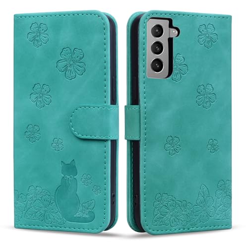 Rosbtib Hülle für Samsung Galaxy S22 5G Handyhülle Premium Leder Flip Wallet Schutzhülle mit Standfunktion Kartenfach Klapphülle für Galaxy S22 5G - Katze Rücken Kirschblüte Grün von Rosbtib