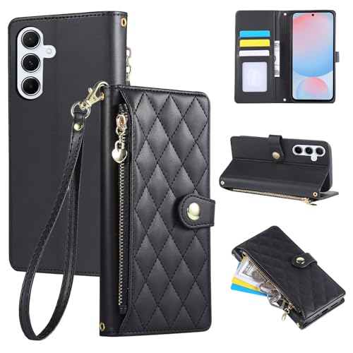 Rosbtib Hülle für Samsung Galaxy S24 FE 5G 6.7 Zoll 2024, Diamond Check Kunstleder Handytasche mit Reißverschluss, Kartenschlitz, Flip Case für Galaxy S24 FE 6.7" 2024, Schwarz von Rosbtib