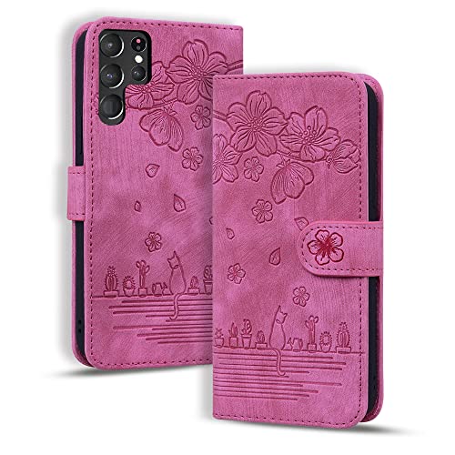 Rosbtib Hülle für Samsung Galaxy S24 Ultra, Premium PU Leder Schutzhülle Magnetic Closure Standfunktion Flip Cover Handyhülle für Samsung Galaxy S24 Ultra (Rose Rote Katze) von Rosbtib