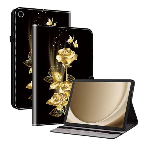 Rosbtib Hülle für Samsung Galaxy Tab A9 Plus/ A9+ 11 Zoll 2023 (SM-X210/ X216/ X218), Premium PU Leder TPU Rückseite Abdeckung Schutzhülle mit Standfunktion - Goldene Schmetterlingsrosen von Rosbtib