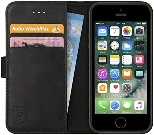 Rosso Deluxe für iPhone 5/5S/SE Hülle Echtes Leder Book Case Schwarz von Rosso