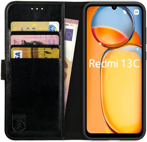 Rosso Element Hülle Geeignet für Xiaomi Redmi 13C | Wallet Book Case | Geldbörse | 3 Packets | Magnetverschluss | Standfunktion | Schwarz von Rosso