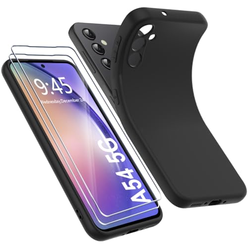 Ruayia Hülle für Samsung Galaxy A54 5G mit 2 Stück Panzer Schutz Glas, Handyhülle Ultra Dünn Leicht Silikon Weiche TPU Schutzhülle Stoßfest Case Cover - 6.4" - Matt Schwarz von Ruayia