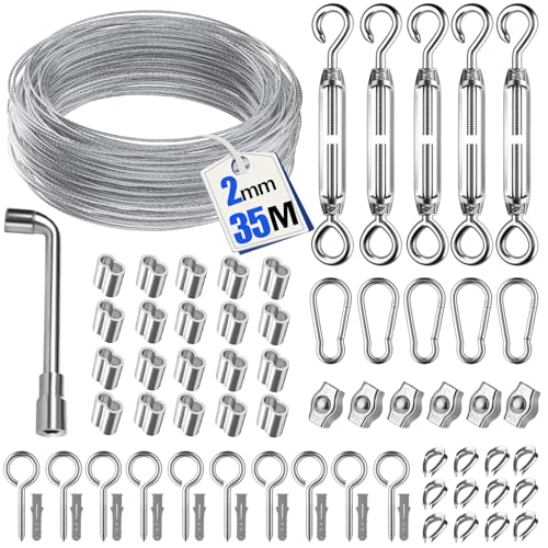 35M 69pcs Vielseitiges Drahtseil-Set für Kletterpflanzen, Edelstahl-Kabel mit Seilspanner für Lichterketten und Zäune von Ruesious