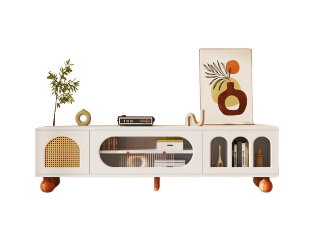 Rutaqian TV-Möbel mit Rattantür, Glasschiebetür, 3 Offenen Bogenbereichen TV-Ständer, (Lowboard TV-Schrank mit Goldenen Griffen und Massiven Holzfüßen, Moderner Stil Fernsehschrank Runde Holzbeine,170x37x47 cm) Rutaqian TV-Möbel mit Rattantür, Glasschiebetür, 3 Offenen Bogenbereichen TV-Ständer, (Lowboard TV-Schrank mit Goldenen Griffen und Massiven Holzfüßen, Moderner Stil Fernsehschrank Runde Holzbeine,170x37x47 cm) von Rutaqian