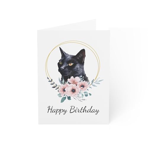 Elegante Katzen-Geburtstagskarte – Schwarze Katze mit Blumen-Design – 15,2 x 20,3 cm – hergestellt in Großbritannien – inklusive weißem Umschlag – innen blanko – nachhaltige Materialien von RuxandCip