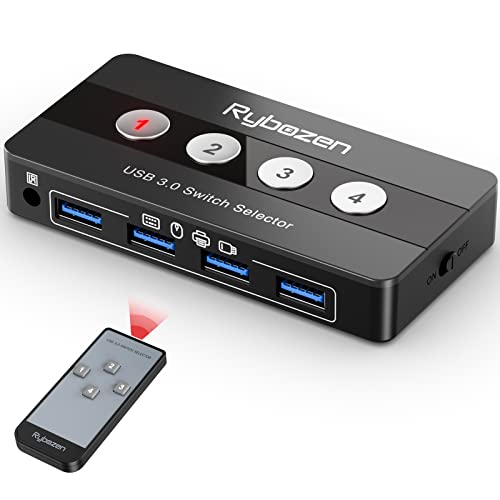 Rybozen 4 Ports USB 3.0 Switch für 4 PCs, 4 In 4 Out Umschalter mit 4 USB 3.0 Kabel, für Drucker, Scanner, Tastatur, USB Sticks, Festplatten, Maus, Headset usw Schwarz, Knopfschalter & Fernbedienung von Rybozen