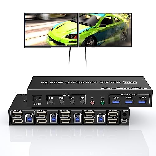 KVM Switch 4 Port 2 Monitore USB 3.0, unterstützt EDID, HDMI 4K 60Hz Monitor Switch für 4 PC 2 Monitore mit Audio Mikrofon Ausgang und 3 USB 3.0, KVM Switch 2 Monitore 4 PC 4 Computer von Rytaki Pro