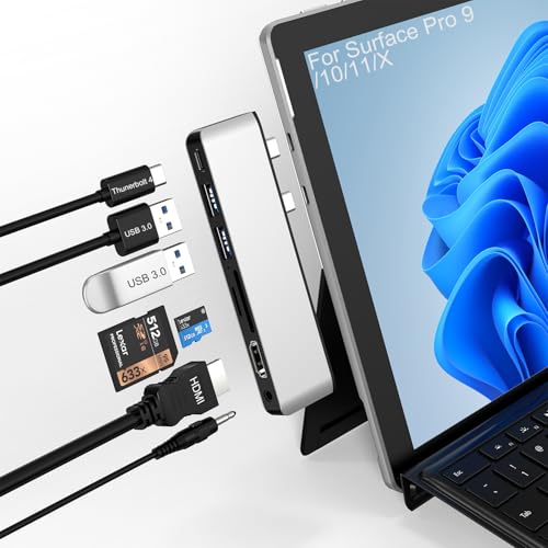 Surface Pro 9 Zubehör, Surface Pro 9 Docking Station mit 4K HDMI, USB-C Thunderbolt 4 (Display+Daten+100W PD), 2 USB 3.0, 3.5mm Audio, SD/TF Kartenleser für Surface Pro 9/Pro X von Rytaki