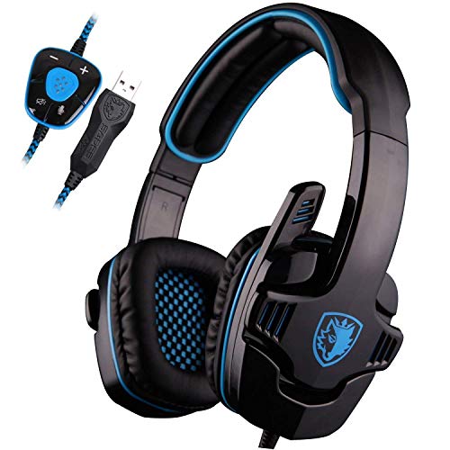 SADES SA901 7.1 Surround Sound Stereo Professionelle PC USB Gaming Headsets Stirnband Kopfhörer mit Mikrophon Tiefe Bässe Over-The-Ear-Lautstärkeregler für PC Gamers blau von SADES