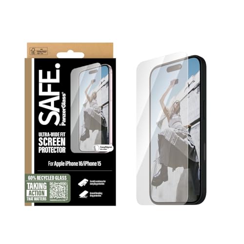 SAFE BY PANZERGLASS® Displayschutz für iPhone 16, 60% recyceltes Material, schmutzabweisende Beschichtung - mit Montagehilfe für einfache Installation, gehärteter Glasschutz für iPhone 16 von SAFE BY PANZERGLASS