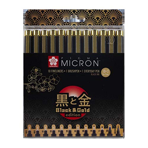 Sakura Pigma Micron Fineliner, Schwarz und Gold Edition, schwarze Tinte, 10 Stück + 2 gratis von SAKURA