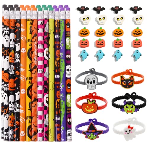 SANLIUSANJIU 50 Pcs Halloween Bleistifte Set, mit 24 X Bleistifte, 20 X Mini Radiergummis, 6 X Cartoon-Armband Kürbis Geisterschädel für Halloween Party Favours Hausaufgaben Belohnung Geschenk von SANLIUSANJIU