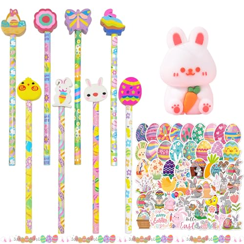 SANLIUSANJIU 67 Pcs Ostern HB Bleistifte Set, (8 Stück Bleistifte Stifte Ostern+8 Stück Radiergummis+50 Blätter Aufkleber+1 Stück Hasen Bleistiftspitzer) Ostern Geschenk Kinder Mitgebsel von SANLIUSANJIU