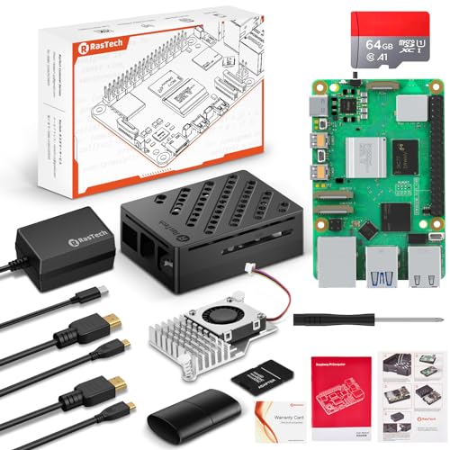 RasTech Raspberry Pi 5 8GB Starter Kit mit 64GB SD Card Pi 5 Gehäuse mit aktivem Kühler Kartenleser Kartenadapter 2X HDMI Kabel und USB C Netzteil von SANOOV