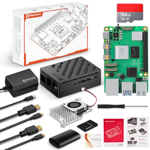 RasTech Raspberry Pi 5 8GB Starter Kit mit 64GB SD Card Pi 5 Gehäuse mit aktivem Kühler Kartenleser Kartenadapter 2X HDMI Kabel und USB C Netzteil von SANOOV