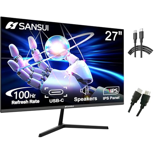 SANSUI 27 Zoll IPS 100Hz Computermonitor USB-C FHD HDR Eingebaute Lautsprecher HDMI DP RTS/FPS Einstellbare Neigung VESA kompatibel für Gaming und Büro (USB-C Kabel ES-27X3 und HDMI-Kabel von SANSUI