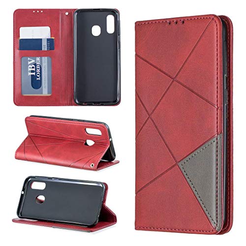 SATURCASE Samsung Galaxy A40 Hülle, Rhombus PU Lederhülle Ledertasche Eingebauter Magnet Brieftasche Kartenfächer Standfunktion Handy Tasche Schutzhülle Handyhülle Hülle für Samsung Galaxy A40 (Rot) von SATURCASE