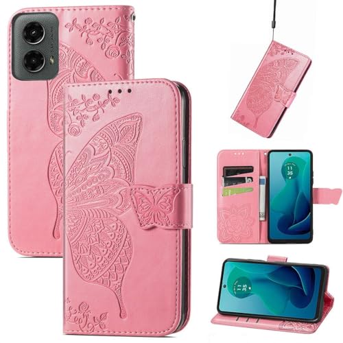 SATURCASE Schutzhülle für Motorola Moto G 5G 2024, Schmetterlings-Blume, PU-Leder, Flip-Magnet, Brieftaschenständer, Kartenfächer, Handschlaufe, Schutzhülle für Motorola Moto G 5G 2024 (HF-Pink) von SATURCASE