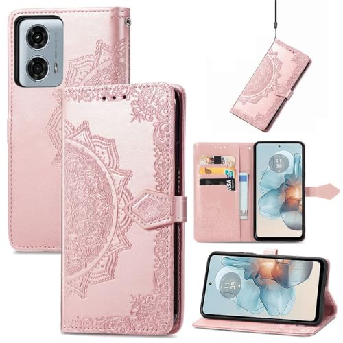 SATURCASE Schutzhülle für Motorola Moto G24 Power, Mandala-Prägung, PU-Leder, Flip-Magnet, Brieftaschenständer, Kartenfächer, Schutzhülle mit Handschlaufe für Motorola Moto G24 Power (HF-Roségold) von SATURCASE