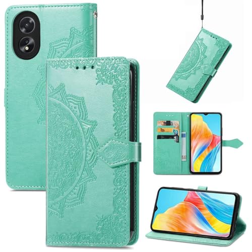 SATURCASE Schutzhülle für OPPO A38 4G / A18, Mandala-Prägung, PU-Leder, Flip-Magnet, Brieftaschenständer, Kartenfächer, Schutzhülle mit Handschlaufe für OPPO A38 4G / A18 (HF-Grün) von SATURCASE