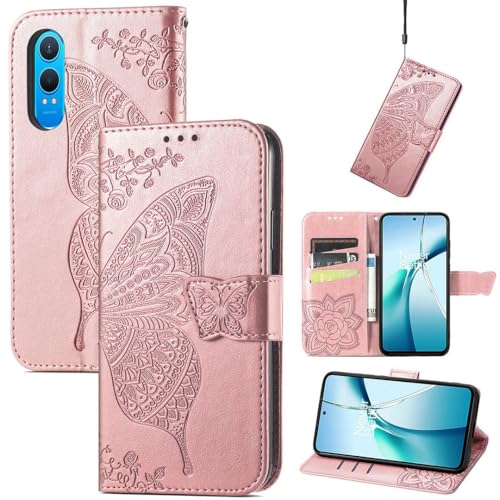 SATURCASE Schutzhülle für OnePlus Nord CE4 Lite, Schmetterling, Blume, PU-Leder, Flip-Magnet, Brieftasche, Ständer, Kartenfächer, Handschlaufe, Schutzhülle für OnePlus Nord CE4 Lite (HF-Roségold) von SATURCASE