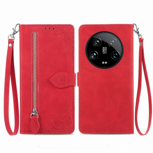 SATURCASE Hülle für Xiaomi 14 Ultra, Blume Prägung PU Leder Magnetverschluss Brieftasche Reißverschluss Tasche Standfunktion Kartenfächer Schutzhülle Handyhülle für Xiaomi 14 Ultra (SZ-Rot) von SATURCASE