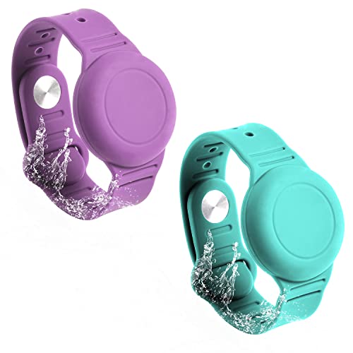 SAVITA 2Pcs Armband für Airtag Kinder, Wasserdicht Airtag Armband Kinder Silikon Ältere Menschen Verstellbar Anti-Verlust Airtag Hülle Armband Kinder zum Verstecken von GPS-Tracker (Lila, Grün) von SAVITA