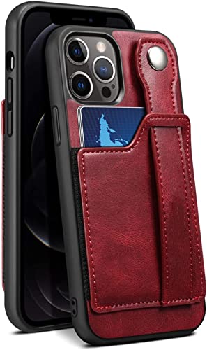 SCHIK Hüllen für iPhone 13/13 Pro/13 Pro Max, PU-Leder-Brieftaschen-Schutzhülle, mit Kartenholster, Handschlaufe, Handyhalterung, Rückabdeckung (Farbe: Rot, Größe: 13pro max 6,7 Zoll) von SCHIK