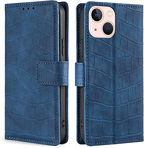 SCHIK Klapphülle für iPhone 14/14 Plus/14 Pro/14 Pro Max, klassisches Krokodilmuster, Lederhülle mit Kartenhalter, Ständer, Magnetverschluss, stoßfeste TPU-Schale (Farbe: Blau, Größe: 14) von SCHIK