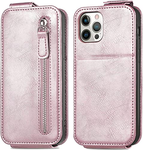 SCHIK Schutzhülle für iPhone 13 Mini/13/13 Pro/13 Pro Max, Reißverschlusstasche, PU-Leder, magnetische Handyhülle mit Kartenfächern und vertikalem Klappdeckel (Farbe: Rosa, Größe: 13 Pro 15,5 cm) von SCHIK