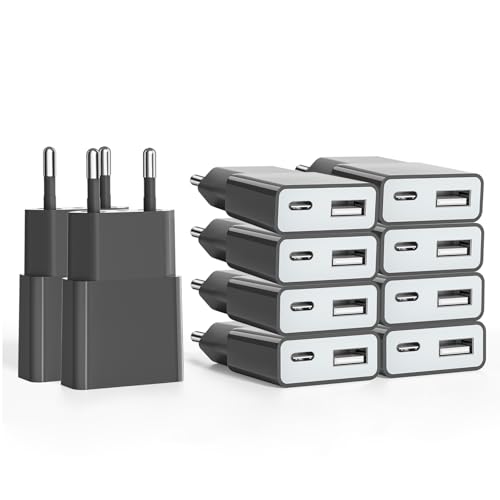 10pack USB Ladegerät 5W Slim Ladestecker Netzteil 5V 1A 2Port USB C+ USB A Netzstecker Adapter, Steckdosenadapter für iPhone,eBook Reader, Xperia, MP3, Smartphone（Grau） von SCHITEC