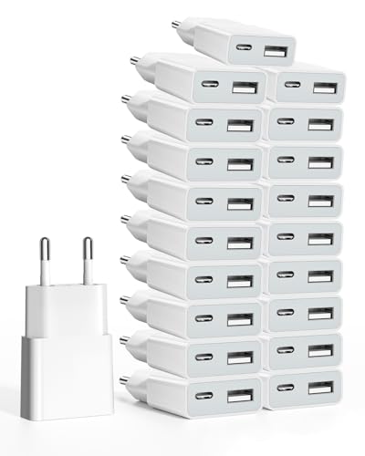 20Pack USB Ladegerät 5W Slim Ladestecker Netzteil 5V 1A 2Port USB C+ USB A Netzstecker Adapter, Steckdosenadapter für iPhone,eBook Reader, Xperia, MP3, Smartphone（Weiß） von SCHITEC