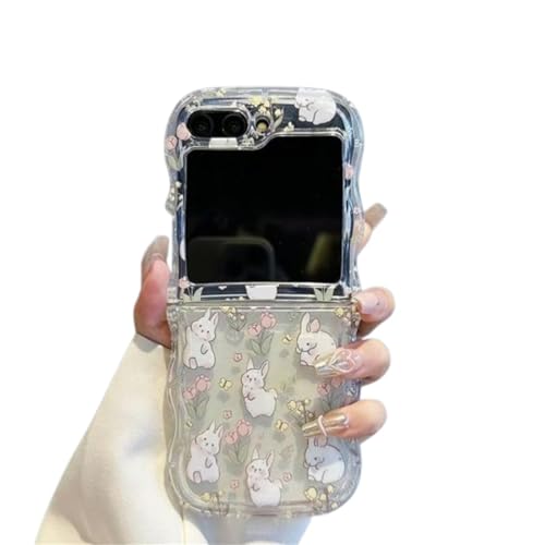 SCJLSDA Schutzhülle für Samsung Galaxy Z Flip 5, niedliches Kaninchen-Blumenmuster, Kawaii-lustiger Cartoon-Tierdruck, Schutzhülle für Z Flip 5 von SCJLSDA