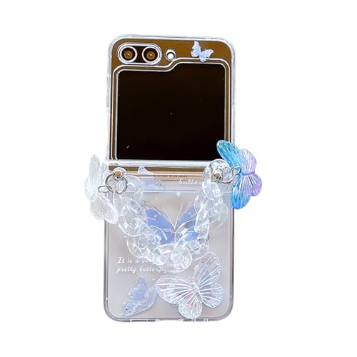 SCJLSDA Schutzhülle für Samsung Galaxy Z Flip 5, niedliches lustiges blaues Schmetterlingsmuster-Design, 3D-Schmetterlings-Armband, Schutzhülle für Z Flip 5 von SCJLSDA